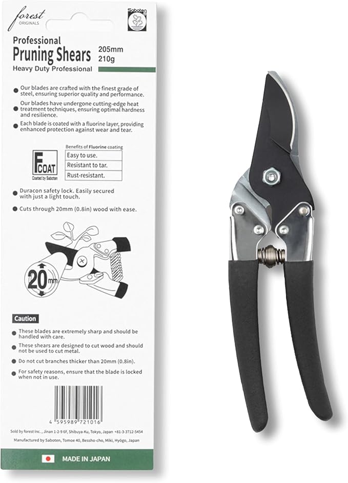 Saboten Japan 7.9" Japanese Pruning Shears - Premium Steel Blades, Rust-Resistant Fluorine Coating, Ergonomic Grip, Duracon Safety Lock - forest Originals, Made in Japan, Gardening & Farming Scissors
