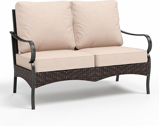 MFSTUDIO 2 Seat Outdoor Patio Furniture Set, Rattan Wicker Patio Sectional, Metal Outdoor Conversation Set Loveaeat Sofa for Garden Backyard