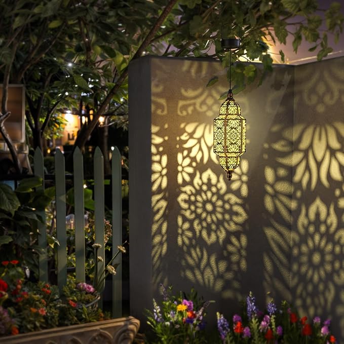 Twinkya Hanging Solar Lights Outdoor Garden Decorative Solar Lantern Waterproof Metal Moroccan Outdoor Decorations for Patio Pathway Yard Porch Backyard Garden Decor (Gold, 1 Pack)