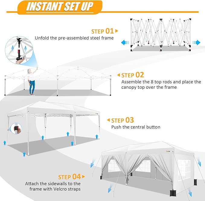 HOTEEL 10x20 Pop up Canopy with Sidewalls, One Push Outdoor Tents for Parties Waterproof Canopy Tent with Reinforce Rod, Easy Setup Event Tent with Sandbag for Backyard, Camping, Wedding, White