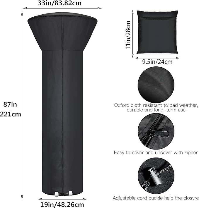 Patio Heater Covers with Zipper and Storage Bag,Waterproof,Dustproof,Wind-Resistant,Sunlight-Resistant,Snow-Resistant,Black,87'' Height x 33" Dome x 19" Base