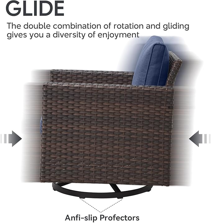 Outdoor Swivel Rocker Chairs - 5 Piece Patio Bistro Set Wicker Patio Rocking Chairs Set with Side Table and Ottomans, 360° Swivel Glider Proch Furniture for Balcony Deck - Brown/Blue