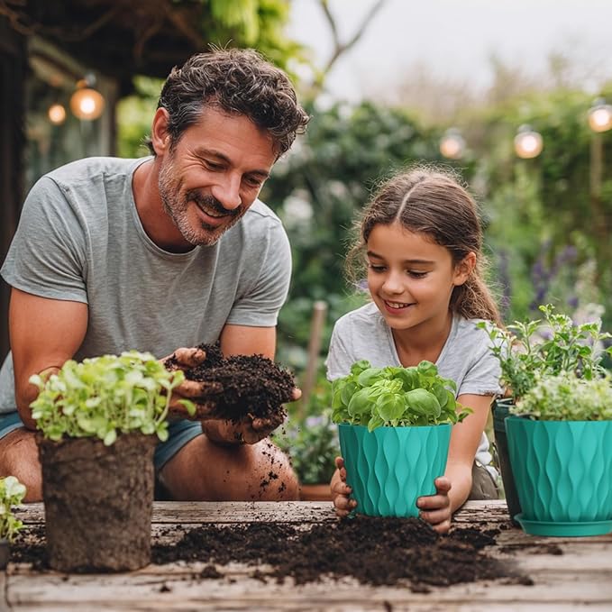 7 inch Plant Pots for Indoor Outdoor Plants, 5 Pack Thick Flower Pots with Drainage Holes and Saucers, 3D Modern Wave Texture Plastic Planter Pots for Nursery and House Plants, Blue Green