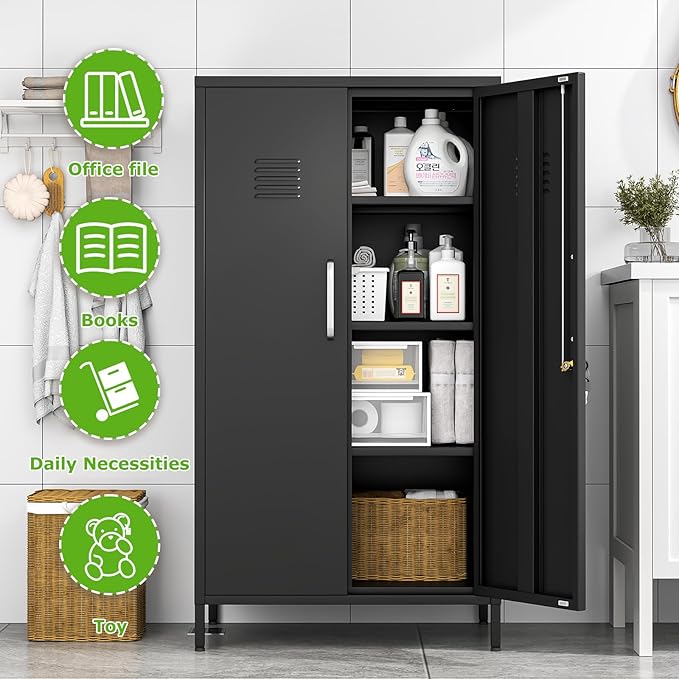 47" Metal Storage Locker, Lockable Employees Metal Locker with 2 Door and Adjustable Shelves, Steel Locker for Home, School, Office, Gym (Black)