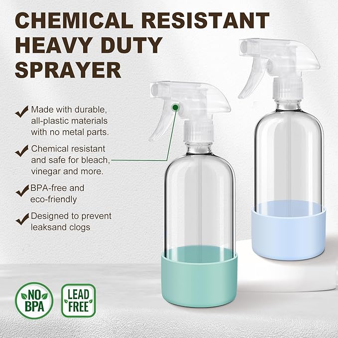 Glass Spray Bottles with Silicone Sleeves (2 Pack, 16 oz), Mist and Stream Empty Refillable Containers, Water Sprayer Misting Bottle for Cleaning Solutions, Planting, Hair Spraying, Green & Grey