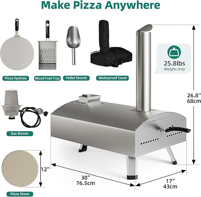 YTIAHOME Multi-Fuel Outdoor Pizza Oven with Rotating, 12" Wood and Gas Fired Pizza Oven with Built-in Thermometer, Dual Fuel Pizza Maker with Peel, Stone, Carry Cover, Recipes for Backyard Camp