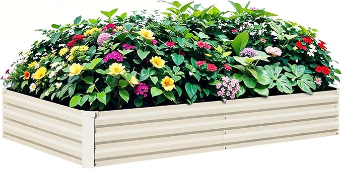 Raised Garden Bed Beige, 6x3x1ft Galvanized Raised Garden Bed Outdoor Metal for Gardening Vegetables Flower Garden Planter Box Large Raised Bed with Gloves and 3ftx30ft Weed Barrier Fabric