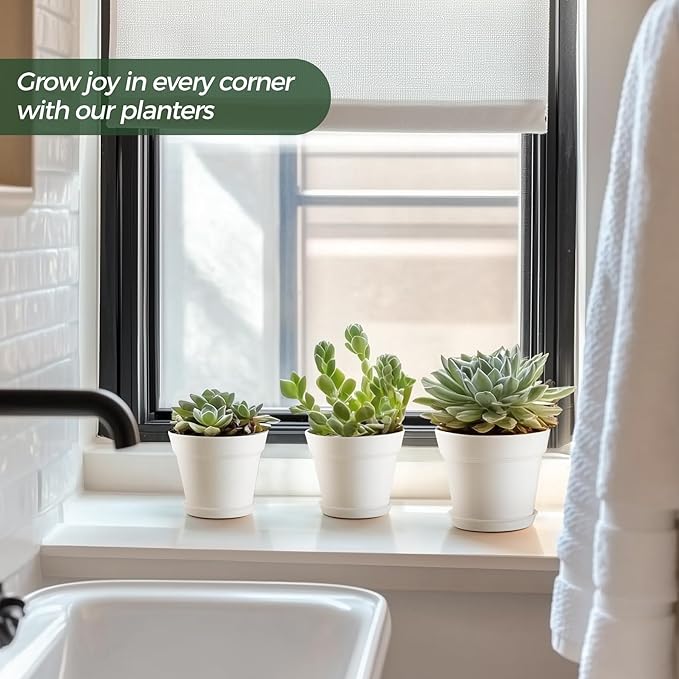 T4U 4 Inch Plant Pots 8-Pack, Small Flower Pots with Drainage Hole and Saucer, Decorative Nursery Pot Bulk for African Violet, Snake Plant, Succulent, Herb and Plants Indoor (8 Pcs 4" Pots, White)