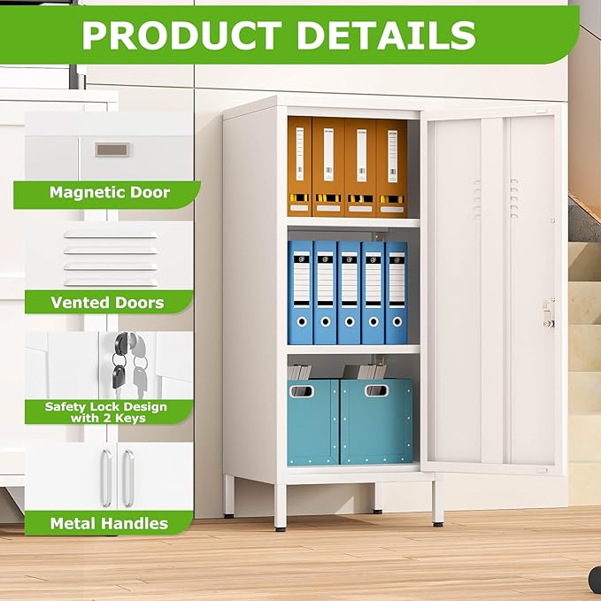 35" Metal Storage Locker, Lockable Employees Metal Locker with Door and Adjustable Shelves, Steel Locker for Home, School, Office, Gym (White)