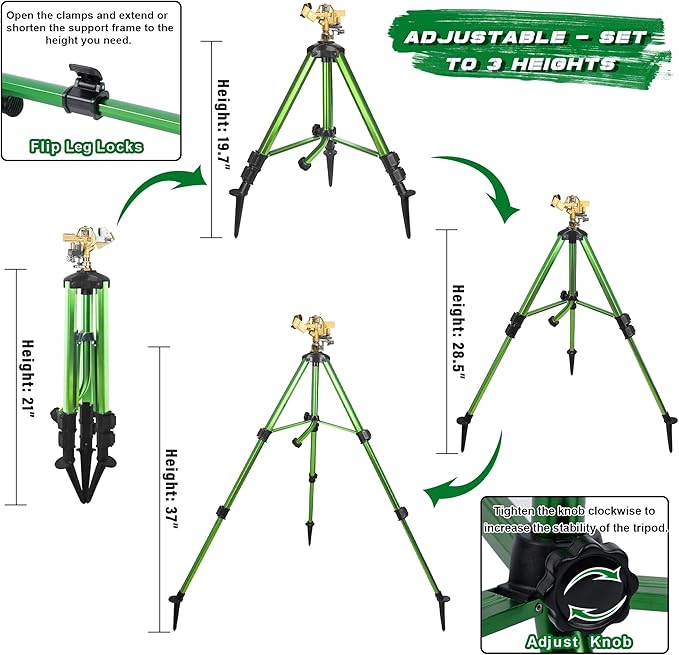 Triumpeek Impact Sprinkler on Tripod Base with Stakes, 360 Degree Large Area Coverage Irrigator with Extension Legs, Adjustable Brass Sprinkler Head Nozzle and 3/4" NH Inlet Hose Connection (1)