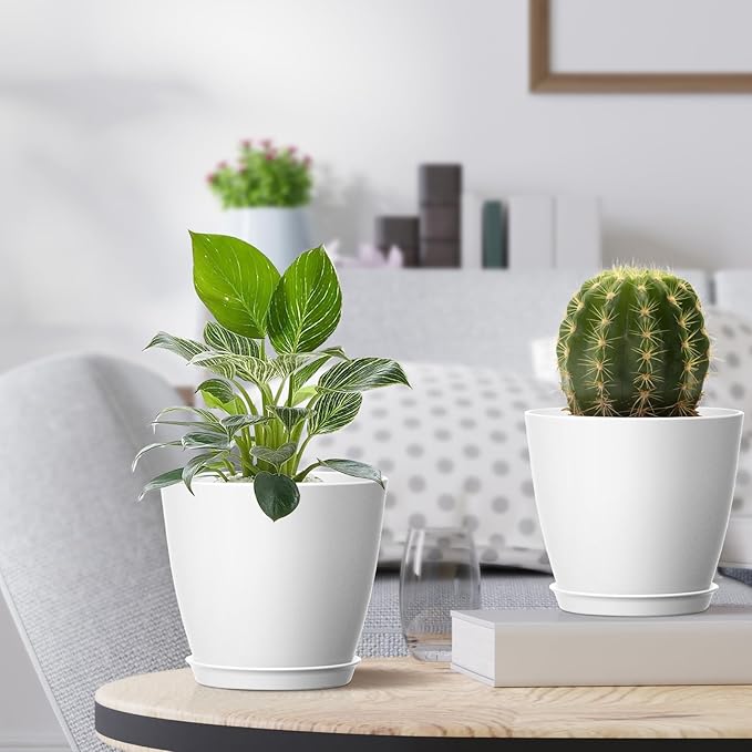 8 Pack 4 Inch Plant Pots with Drainage Holes and Saucers, Pots for Plant Indoor, Plastic Planters for Succulents and Small Plants, White