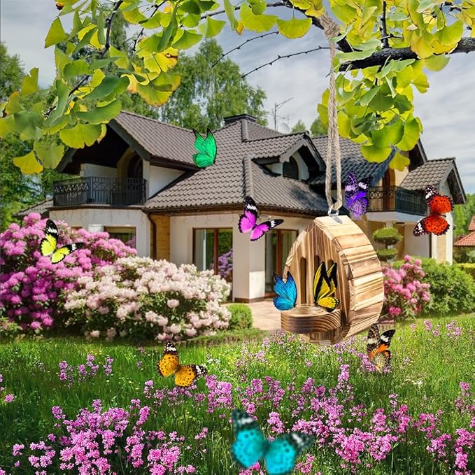 Picowe Wooden Butterfly House - Natural Habitat Nesting Box With Feeder for Butterflies, Bees, Ladybirds - Hanging Garden House for Outside, Open Door