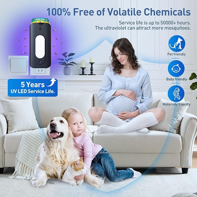 Fruit Fly Trap for Indoors with 10 Refills, 2 in 1 Fly Trap Indoor with Night Light for Home, Gnat Traps for House Indoor, Plug-in Insect Trap for Gnats, Flies, Moths, and Other Bugs-Black