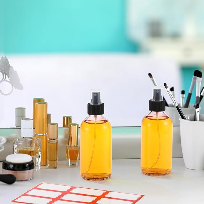 Norme 12 Pcs 8 oz Glass Spray Bottles with Funnels and Labels Refillable Cosmetic Empty Spray Bottles with Sprayer Containers for Essential Oil Cleaning Solutions(Pink,Stylish)