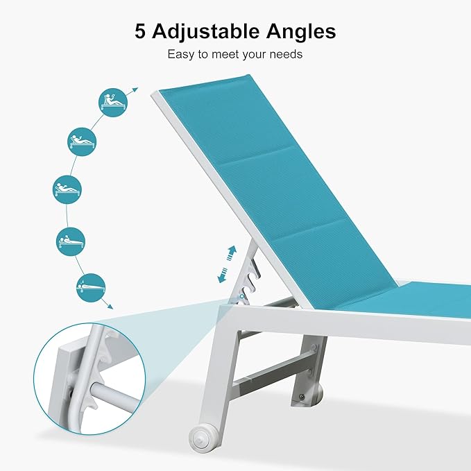 PURPLE LEAF Outdoor Chaise Lounge Set Oversize Adjustable Sunbathing Recliner Extra Wide Lounge Chairs with Side Table for Poolside Beach Outside Patio Aluminum Chaise Lounger Blue