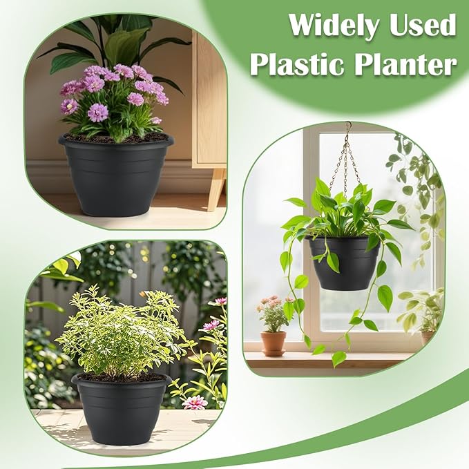 Plant Pots Indoor with Drainage, 3 Pack 11 Inch Plastic Pots for Plants（10 inch Inner Diameter）, Durable Plastic Flower Pots, Planters for Indoor Ourdoor Plants, Black