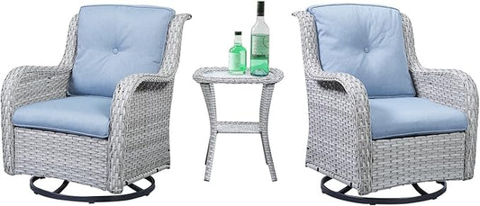 Outdoor Swivel Rocker Patio Chairs Set of 3, High Back Swivel Patio Chairs Wicker Furniture Set, 2 PCS Rattan Swivel Rocking Chair with Side Table, Light Grey Wicker