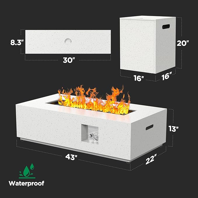 Ciays 43Inch Propane Fire Pit, 50000 BTU Outdoor Gas Fire Pit Table with CSA Certification, Glass Rocks, Rectangular Heater for Patio, Backyard, Deck, Balcony, with Waterproof Cover & Adjustable Legs