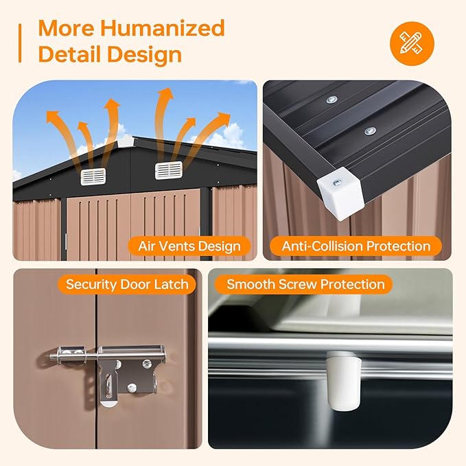 8x12 FT Outdoor Storage Shed, Utility Steel Tool Shed with Lockable Door and Air Vents, Galvanized Metal Shed for Garden Backyard Patio Lawn (8'x12', Brown)