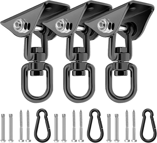 Heavy Duty Hammock Hanging Kit, 360° Rotating 1200 lb Swing Hangers for Hammock Chair Stand, Seat, Porch Swing, Yoga, Tree, Ceiling Mount, Indoor Outdoor Hanging Hardware Black | Pack of 3