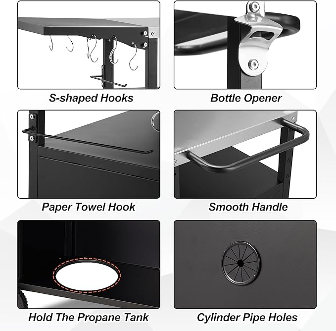 Spurgehom Outdoor Grill Cart, Pizza Oven Stand Table with Stainless Steel Top Movable Kitchen Cooking Prep Table BBQ Cart Kitchen Prep
