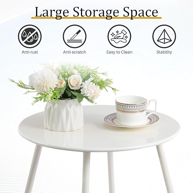 HollyHOME Round Metal Side Table, Rust-Resistant Patio Small Plant Stand, Outdoor 17.32'' Portable End Table for Balconies, Gardens, Living Rooms and Bedrooms, White