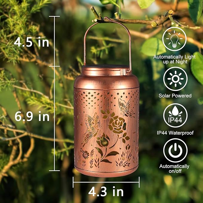Rose Butterfly Decoration Solar Lanterns Outdoor Waterproof Garden Decor Gifts for Women Mon Grandma Metal Hanging Solar Lights for Outside LED Lanterns for Yard, Patio