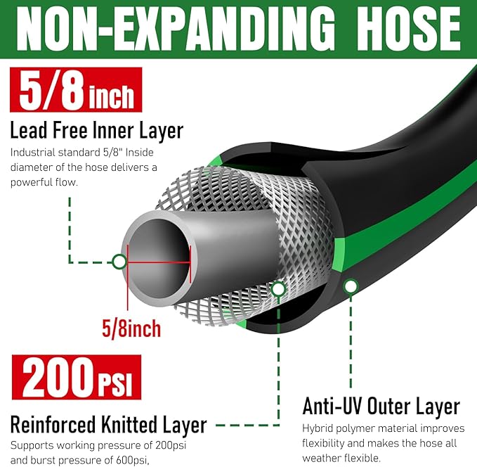 Heavy Duty Garden Hose 50ft, NON-EXPANDABLE Flexible Water Hose, Kink Resistant Lightweight Hybrid Hose, Leakproof Hose Male to Female Fittings