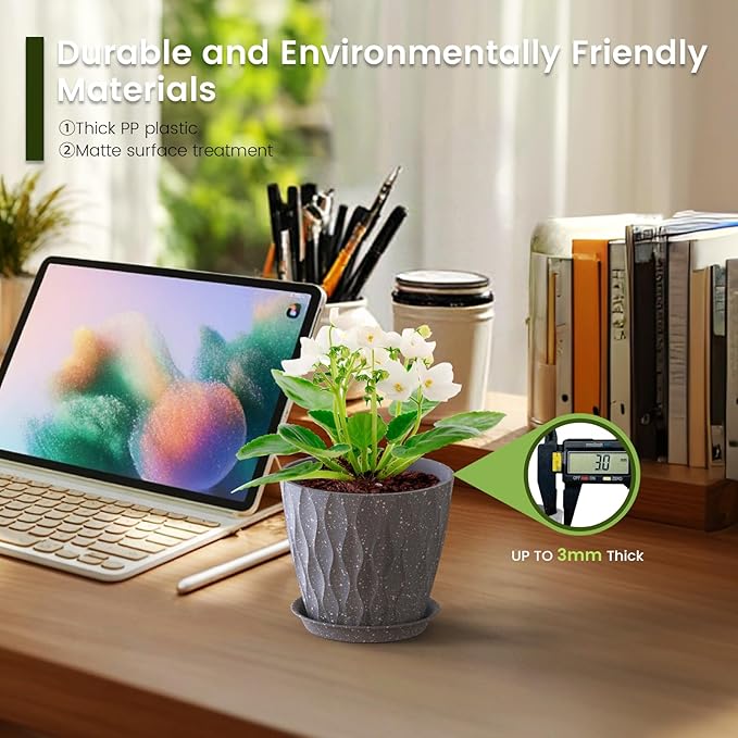 5 inch Plant Pots for Indoor Outdoor Plants, 6 Pack Thick Flower Pots with Drainage Holes and Saucers, 3D Modern Wave Texture Small Plastic Planters Nursery Pots, Speckled Grey