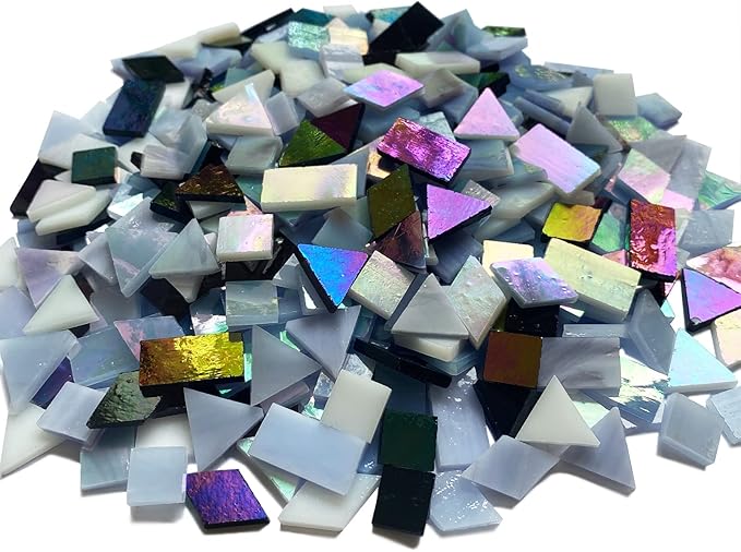 510 Pieces Stained Glass Mosaic Tiles for Crafts Bulk, Mixed 4 Shapes Iridescent Black White Gray Colors Mosaic Kit for Adults Kids, KALUCION Stained Glass Supplies for Mosaics