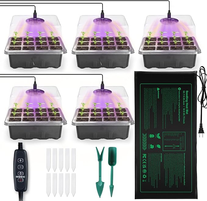 NAMOTEK 5 Pack Seed Starter Tray with Heat Mat and Grow Light Humidity Domes, 60 Cell Trays Germination Station Cloning Kit
