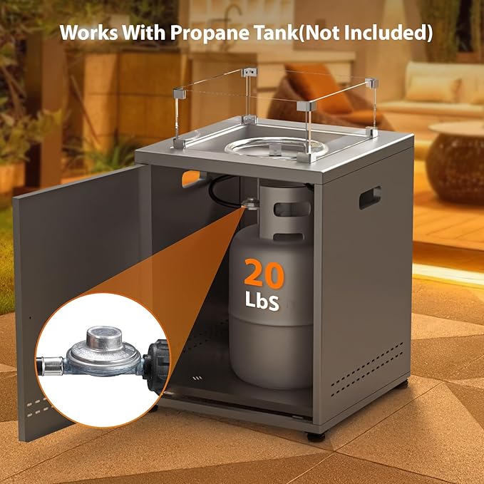 20" Square Smokeless Propane Fire Pit Table, 50,000 BTU Portable Outdoor Patio Heater with Lava Rocks, Glass Wind Guard & Cover for Deck, Backyard, Garden, Camping (Grey)