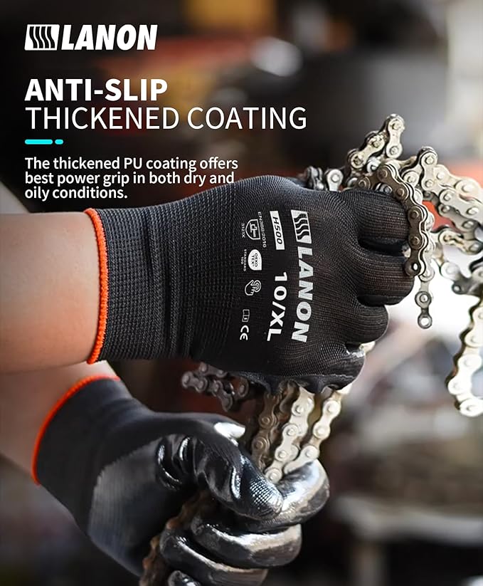 LANON Safety Work Gloves for Men and Women, 18 Pairs Mechanic Black Working Gloves with Grip Odorless PU Coated, Seamless Knit, Full Fingertip Touchscreen for Light Duty Working Gloves, X-Large