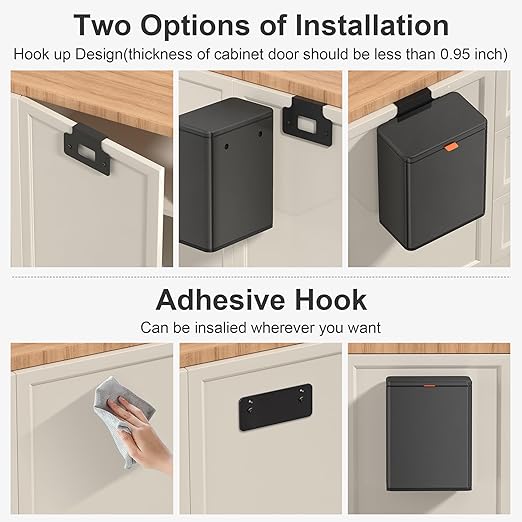 Mbillion Kitchen Compost Bin Hanging Trash Can with Lid 2.1 Gallon Stainless Steel Garbage Can for Kitchen Cabinet Door Mounted Trash Can Under Sink Door RV Bathroom,Brushed Black