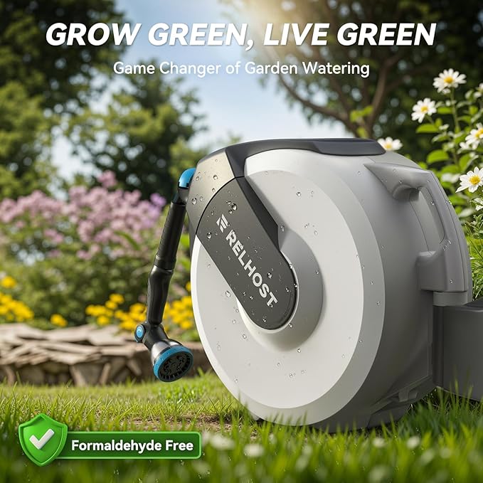 Retractable Garden Hose Reel 65 ft x 5/8 in, Heavy Duty Hose Reel Wall Mount with Any Length Lock, Auto Rewind System, 180° Swivel Bracket, 10-Pattern Garden Hose Nozzle, White & Grey