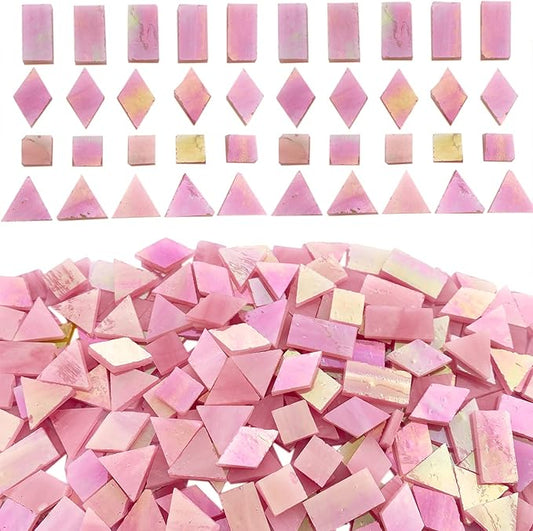 Magic Iridescent Pink Stained Glass Mosaic Tiles for Crafts, 280 Pieces Mixed 4 Shapes Stained Glass Sheets Pieces for Mosaics