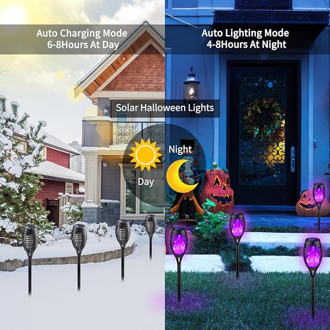8Pack Halloween Decorations Outdoor, Halloween Solar Lights with Purple Flame for Halloween Decor, Waterproof Halloween Lights Outdoor, Solar Pathway Lights for Lawn Outside Halloween Yard Decorations