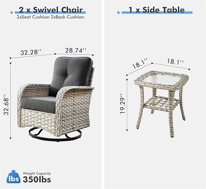 Outdoor Swivel Rocker Patio Chairs with Side Table,Wicker Swivel Rocking Chair Set of 2,3PCS High Back Wicker Patio Furniture Set Glider Chairs for Porch, Balcony, Deck,Yard,Black