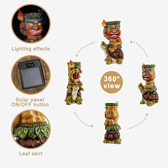 Solar Tiki Statue Light-Garden Turtles Outdoor Decor - Tiki Man Riding Turtle with Tiki Torch Solar Light for Tiki Bar Decorations, Patio, Balcony, Yard,Lawn,Gifts