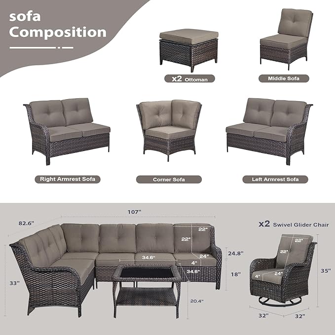 HUMMUH 9 Piece Patio Furniture PE Wikcer Outdoor Furniture Set with Sectional Sofa Swivel Patio Chairs Ottomans and Glass Coffee Table for Yard,Garden,Lawn