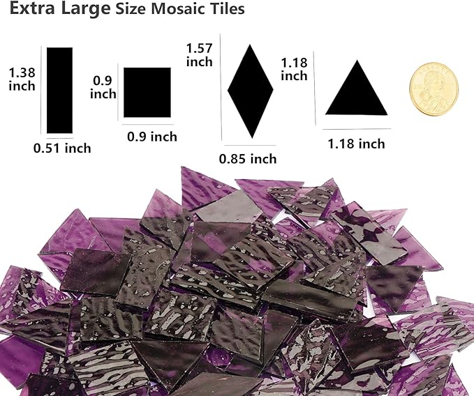 200G Oversize Transparent Glass Mosaic Tiles for Crafts, 4 Shapes Textured Cathedral Stained Glass Mosaic Pieces for Mosaic Art Decor, Violet Purple