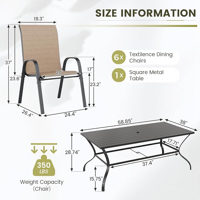 UDPATIO Patio Dining Set of 7, Outdoor Table and Chairs Set with Square Metal Table, 6 Stackable Patio Chairs with High Back, Outdoor Furniture for Deck Garden Backyard Lawn Poolside (Brown)