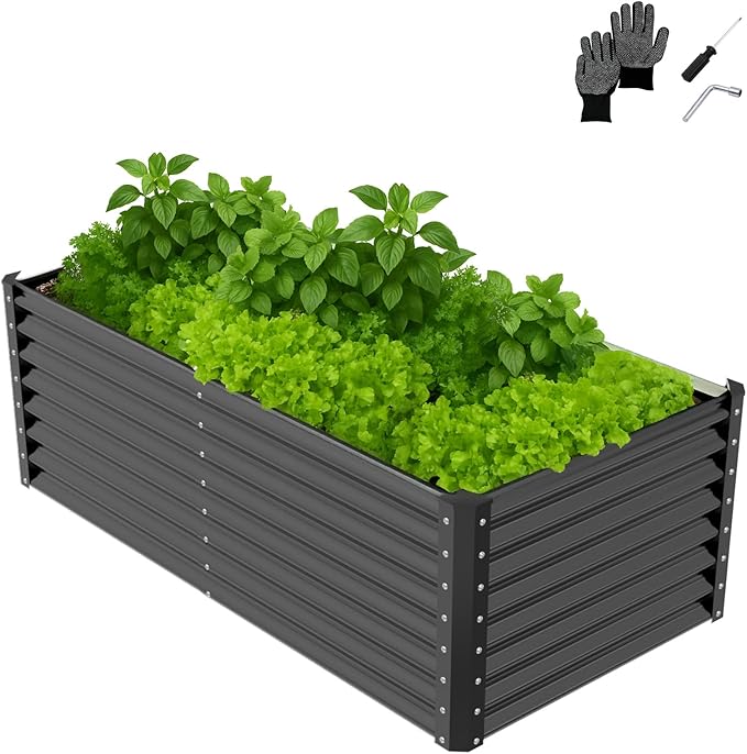 VINGLI Galvanized Raised Garden Beds Outdoor, 6x3x2 Ft, 8x4x2 Ft Lager Metal Planter Raised Beds for Planting Vegetables Flowers Herb (6 * 3 * 2（Square）)