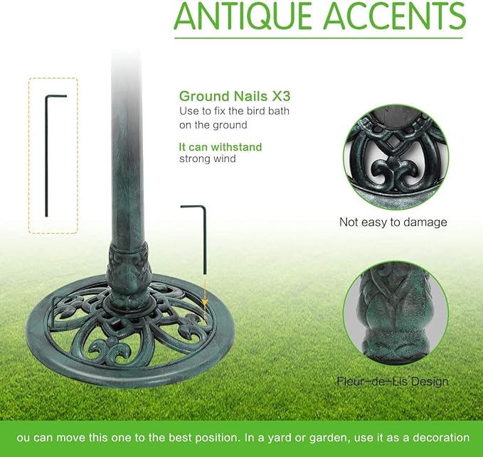 KKY 28 Inch Bird Bath Outdoor Garden Resin Lightweight Retro Courtyard Art Green Color