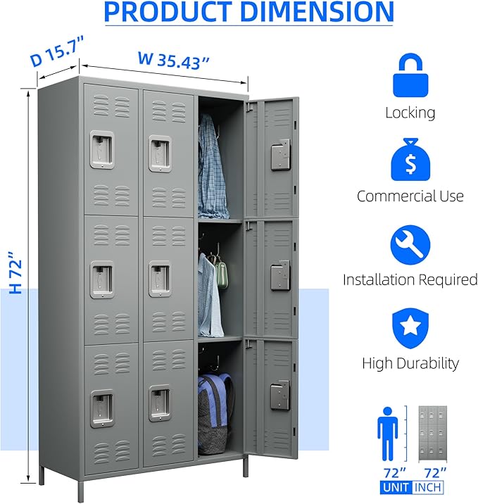 METAN Metal Storage Locker for School Office Gym Bedroom, 9 Doors Locker Cabinet for Employees, Industrial Steel Storage Locker with 18 Hooks, Assembly Required (9 Door-Light Gray)