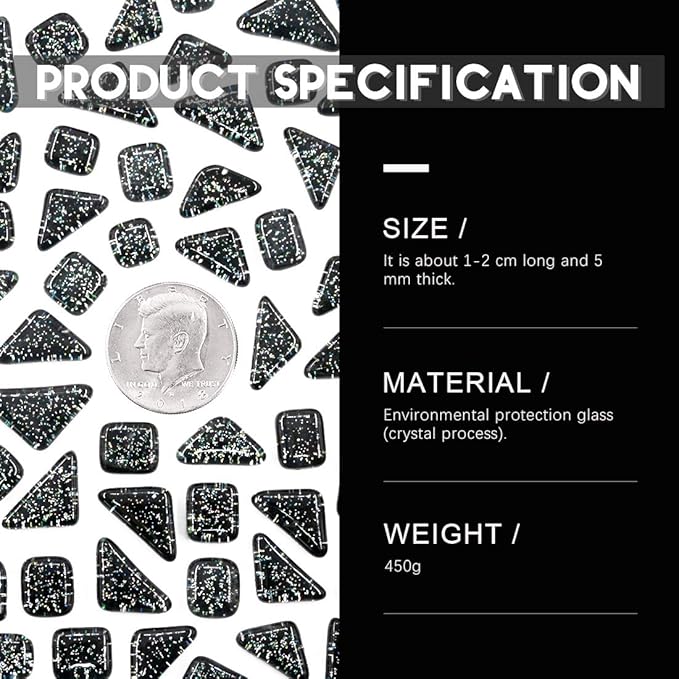 Swpeet 1 Pound Black Shine Crystal Series Mosaic Tiles Assortment Kit, Square and Triangle Genuine Mosaic Tiles Glitter Crystal Mosaic Perfect for Home Decoration Crafts