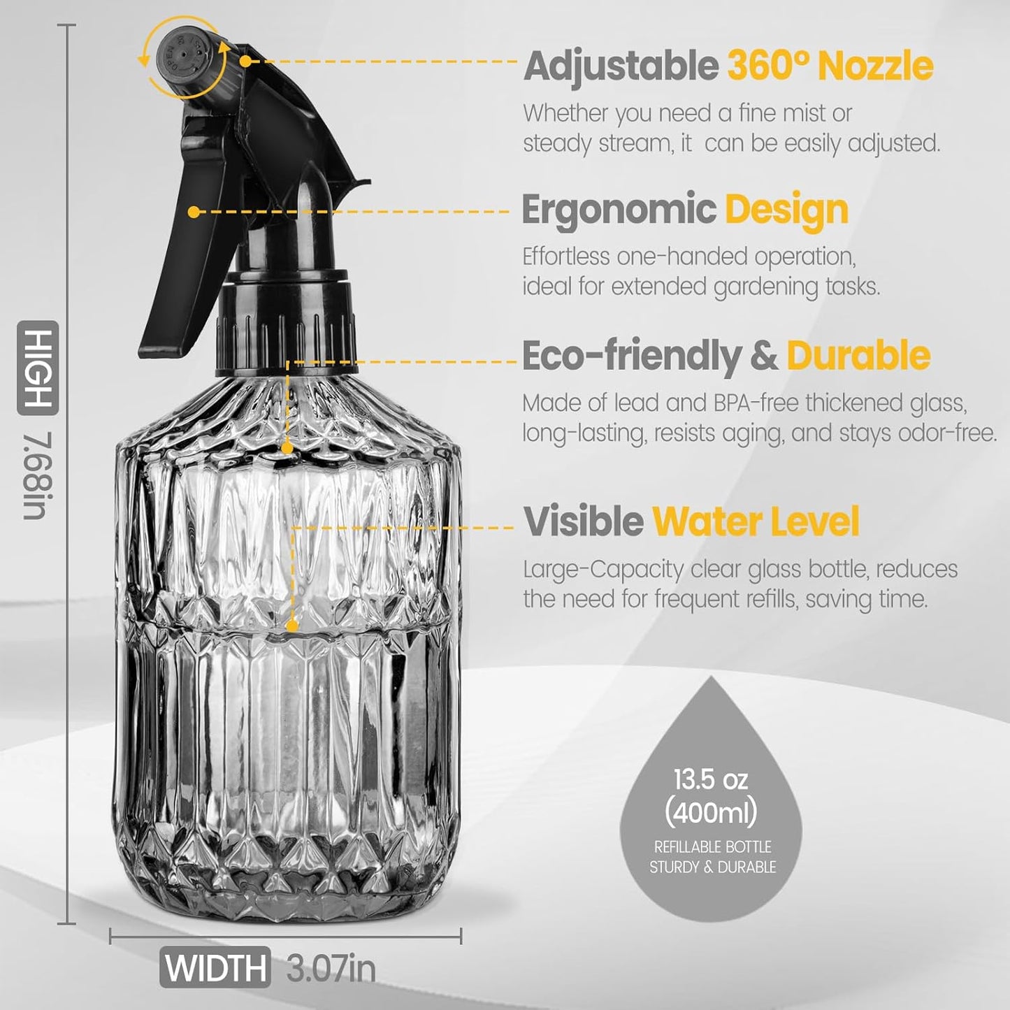 Plant Mister Spray Bottle, 13.5 oz Leak Proof Glass Spray Bottle for Inside Plants, Succulents, Herbs, Cleaning, Hair Care, Refillable Fine Mist Sprayer with Adjustable Mist Nozzle (Grey)