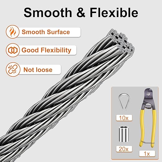 1/8" Wire Cable, 200ft Wire Rope Metal Cable with Loop Sleeve, Steel Thimble Cutter, 7x7 Marine Stainless Steel Strand Core Perfect for Deck Railing System, Outdoor Hanging kit, Garden Fence