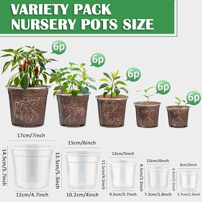 30 Pack 7/6/5/4/3 Inch Clear Nursery Pots for Plants, Flexible Plastic Plant Pots with Drainage Holes, Transparent Seed Starter Pots Variety Pack for Succulents, Seedlings, Flowers, Vegetable