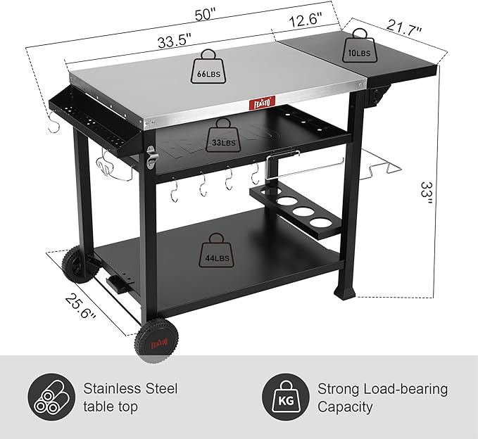 Outdoor Grill Table Cart, Pizza Oven Table Stand for Outdoor Indoor, 40" x 26" Stainless Steel Tabletop Dining BBQ Grill Table with Wheels for Food Prep, 3-Shelf Kitchen Cart Table with Cover